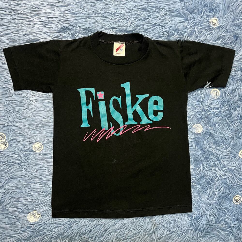 VINTAGE Fiske Graphic Shirt Size Medium Youth Retro Pink Blue 90s